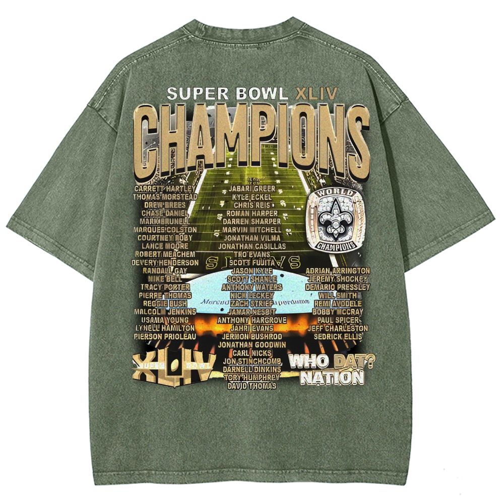 Vintage Style Unisex-Adult Oversized Washed Cotton T-Shirt Graphic SUPER BOWL XLIV CHAMPS - SAINTS TEE