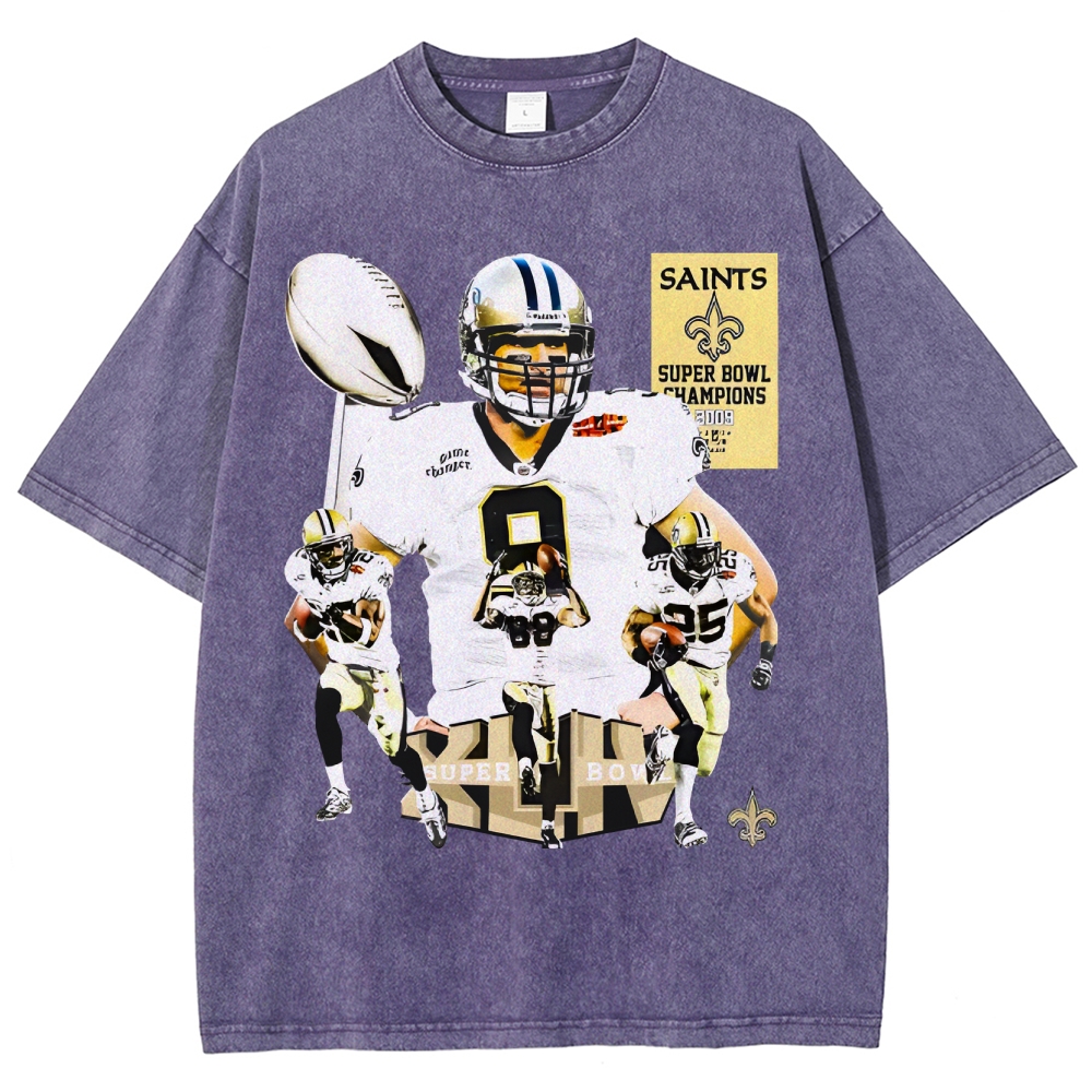 Vintage Style Unisex-Adult Oversized Washed Cotton T-Shirt Graphic SUPER BOWL XLIV CHAMPS - SAINTS TEE