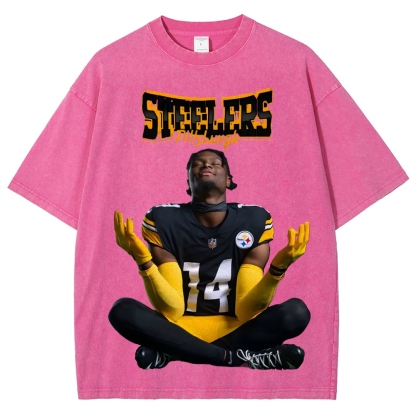 Vintage Style Unisex-Adult Oversized Washed Cotton T-Shirt Graphic STEELERS TEE