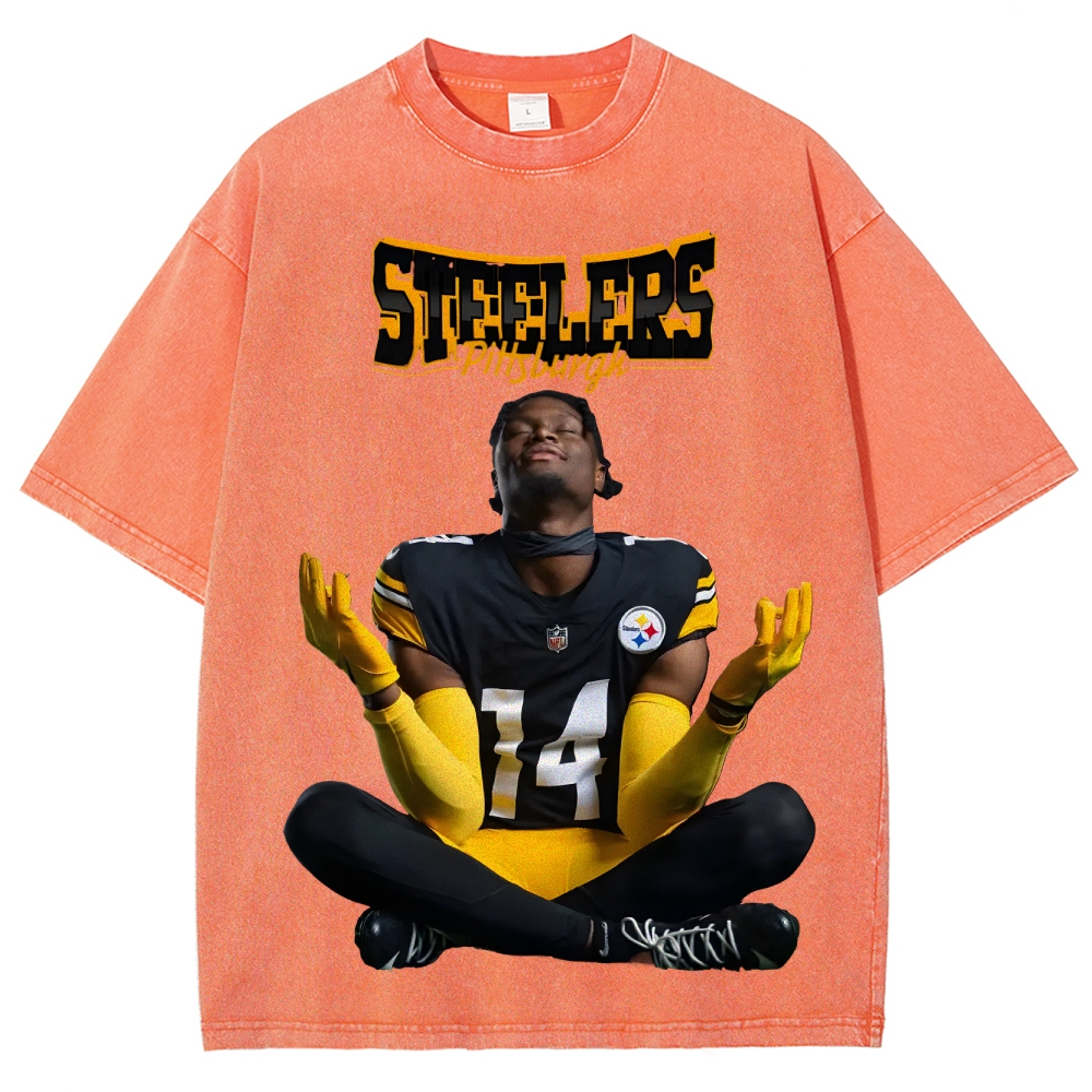 Vintage Style Unisex-Adult Oversized Washed Cotton T-Shirt Graphic STEELERS TEE