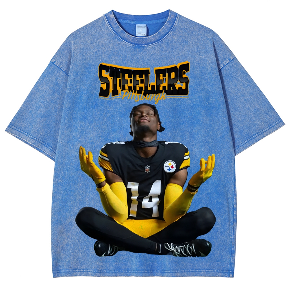 Vintage Style Unisex-Adult Oversized Washed Cotton T-Shirt Graphic STEELERS TEE