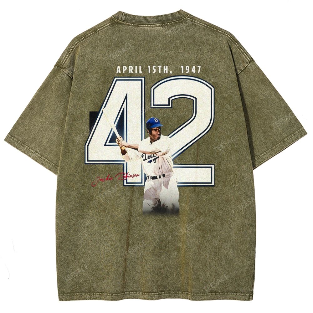 Unisex-Adult Vintage Oversized Washed Cotton T-Shirt | JACKIE ROBINSON