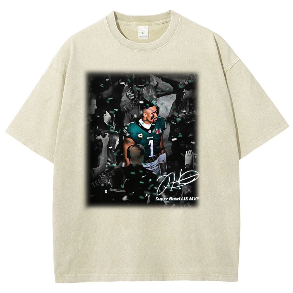 Vintage Style Unisex-Adult Oversized Washed Street T-shirt | JALEN HURTS MVP 2.12 3.0 TEE