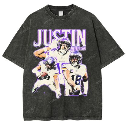 Vintage Style Unisex-Adult Oversized Washed Street T-shirt | JUSTIN JEFFERSON TEE 10.15