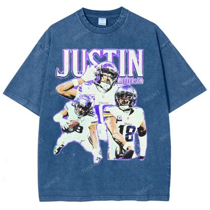 Vintage Style Unisex-Adult Oversized Washed Street T-shirt | JUSTIN JEFFERSON TEE 10.15