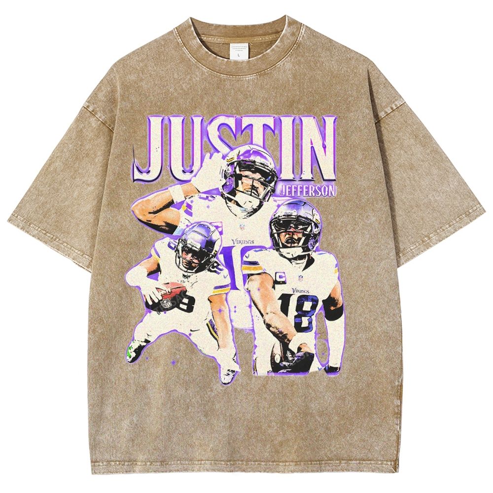 Vintage Style Unisex-Adult Oversized Washed Street T-shirt | JUSTIN JEFFERSON TEE 10.15