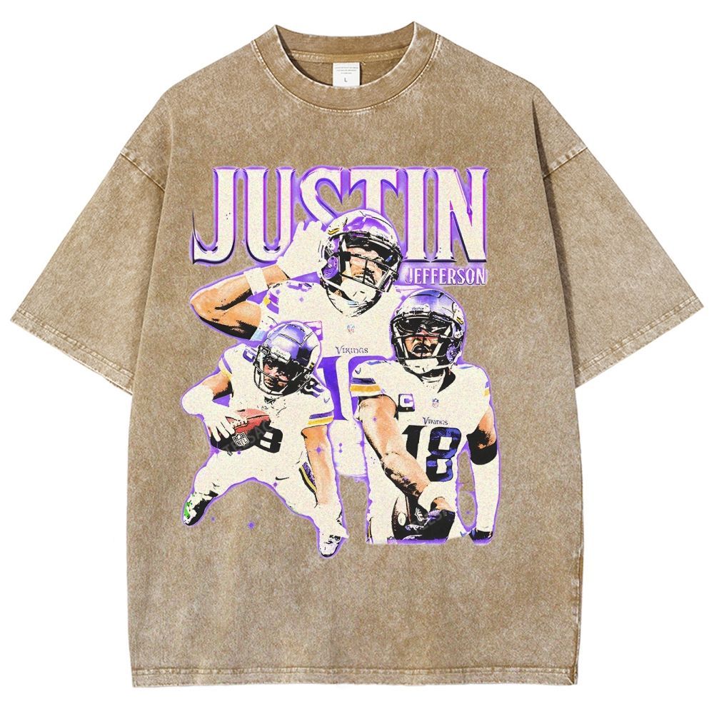 Vintage Style Unisex-Adult Oversized Washed Street T-shirt | JUSTIN JEFFERSON TEE 10.15
