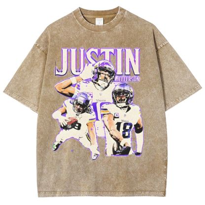Vintage Style Unisex-Adult Oversized Washed Street T-shirt | JUSTIN JEFFERSON TEE 10.15