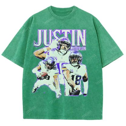Vintage Style Unisex-Adult Oversized Washed Street T-shirt | JUSTIN JEFFERSON TEE 10.15