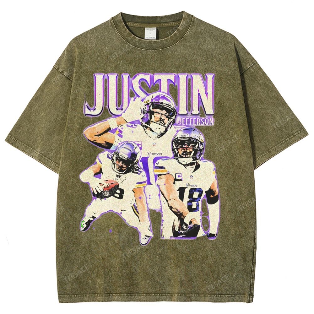 Vintage Style Unisex-Adult Oversized Washed Street T-shirt | JUSTIN JEFFERSON TEE 10.15