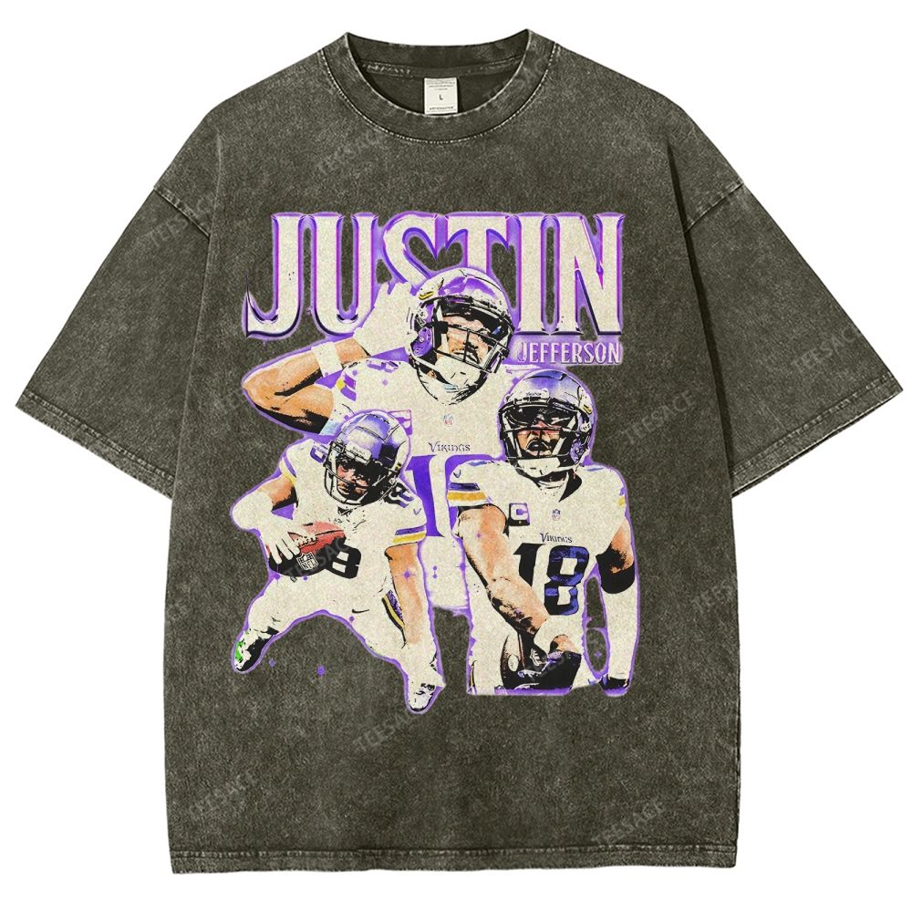Vintage Style Unisex-Adult Oversized Washed Street T-shirt | JUSTIN JEFFERSON TEE 10.15