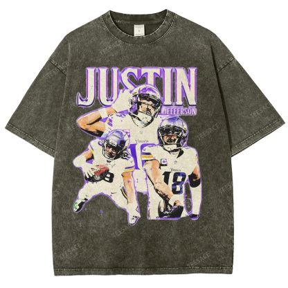 Vintage Style Unisex-Adult Oversized Washed Street T-shirt | JUSTIN JEFFERSON TEE 10.15