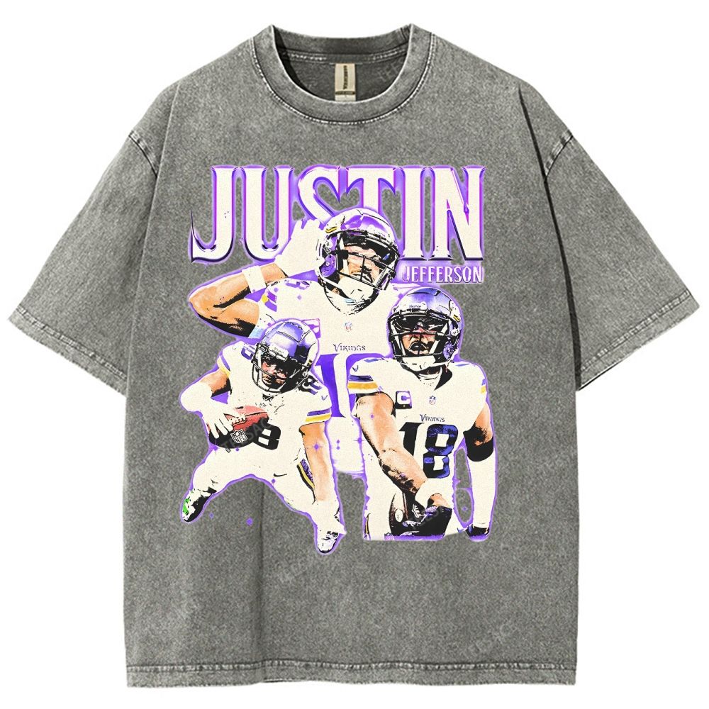 Vintage Style Unisex-Adult Oversized Washed Street T-shirt | JUSTIN JEFFERSON TEE 10.15