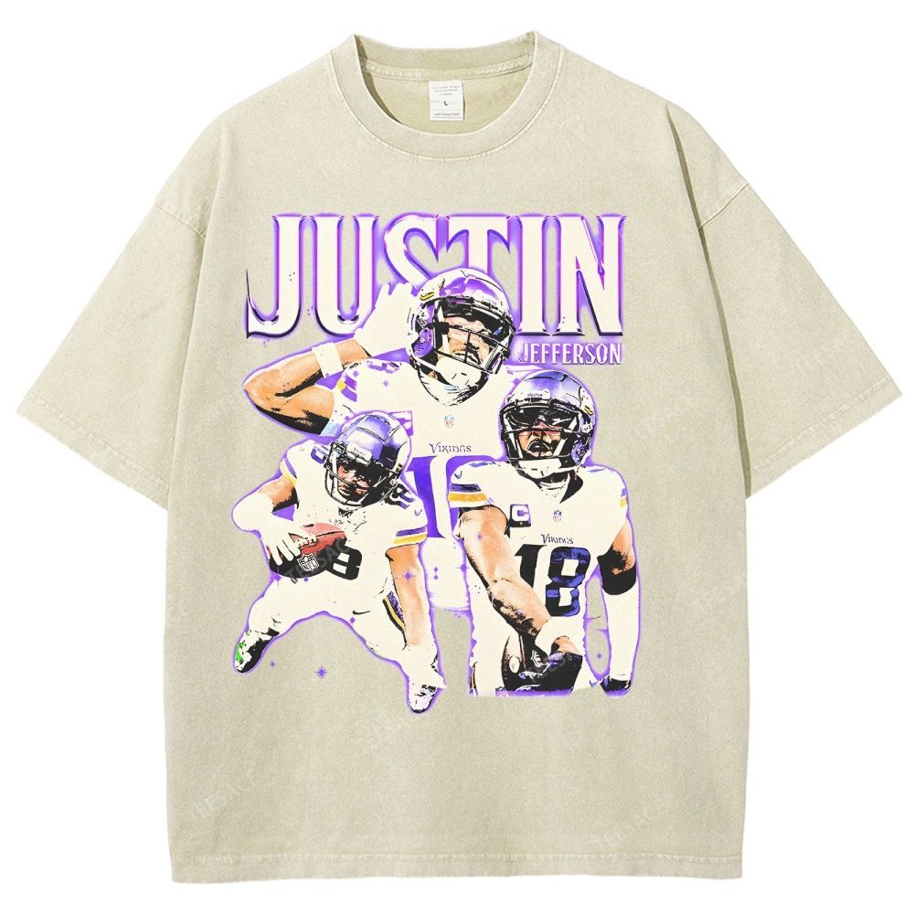 Vintage Style Unisex-Adult Oversized Washed Street T-shirt | JUSTIN JEFFERSON TEE 10.15