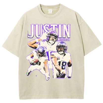 Vintage Style Unisex-Adult Oversized Washed Street T-shirt | JUSTIN JEFFERSON TEE 10.15