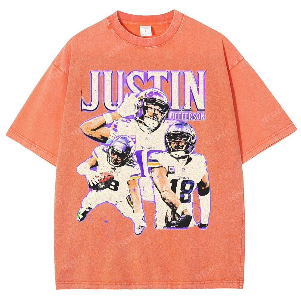 Vintage Style Unisex-Adult Oversized Washed Street T-shirt | JUSTIN JEFFERSON TEE 10.15