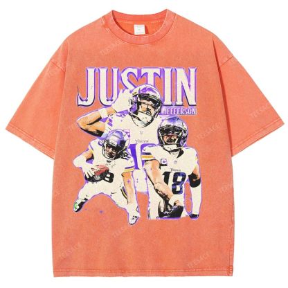 Vintage Style Unisex-Adult Oversized Washed Street T-shirt | JUSTIN JEFFERSON TEE 10.15