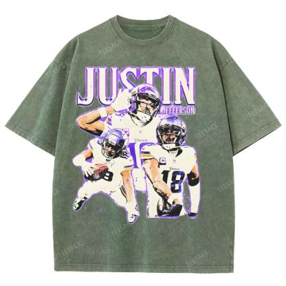 Vintage Style Unisex-Adult Oversized Washed Street T-shirt | JUSTIN JEFFERSON TEE 10.15