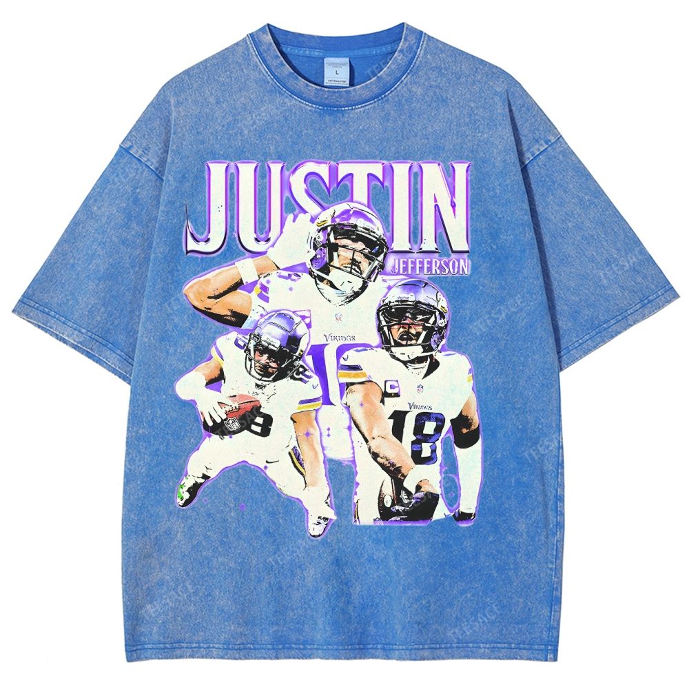 Vintage Style Unisex-Adult Oversized Washed Street T-shirt | JUSTIN JEFFERSON TEE 10.15