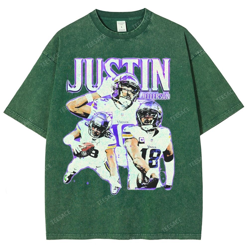 Vintage Style Unisex-Adult Oversized Washed Street T-shirt | JUSTIN JEFFERSON TEE 10.15