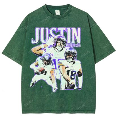 Vintage Style Unisex-Adult Oversized Washed Street T-shirt | JUSTIN JEFFERSON TEE 10.15
