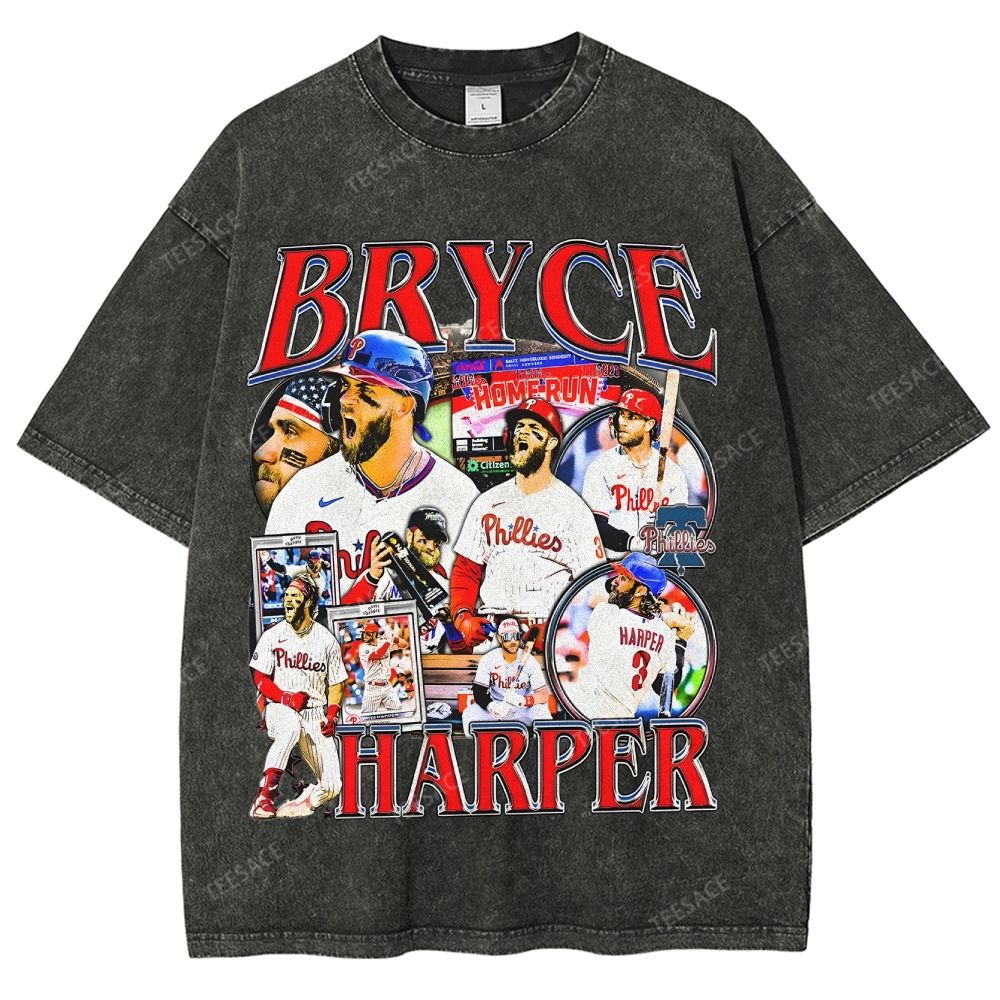 Vintage Style Unisex-Adult Oversized Washed Street T-shirt BRYCE HARPER 2 TEE