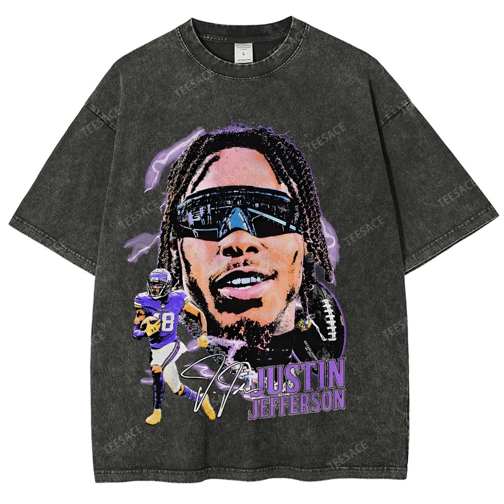Vintage Style Unisex-Adult Oversized Washed Street T-shirt JUSTIN JEFFERSON TEE 