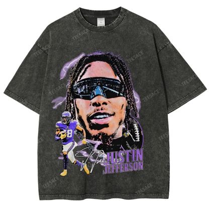 Vintage Style Unisex-Adult Oversized Washed Street T-shirt JUSTIN JEFFERSON TEE 