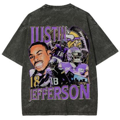 Vintage Style Unisex-Adult Oversized Washed Street T-shirt JUSTIN JEFFERSON TEE 