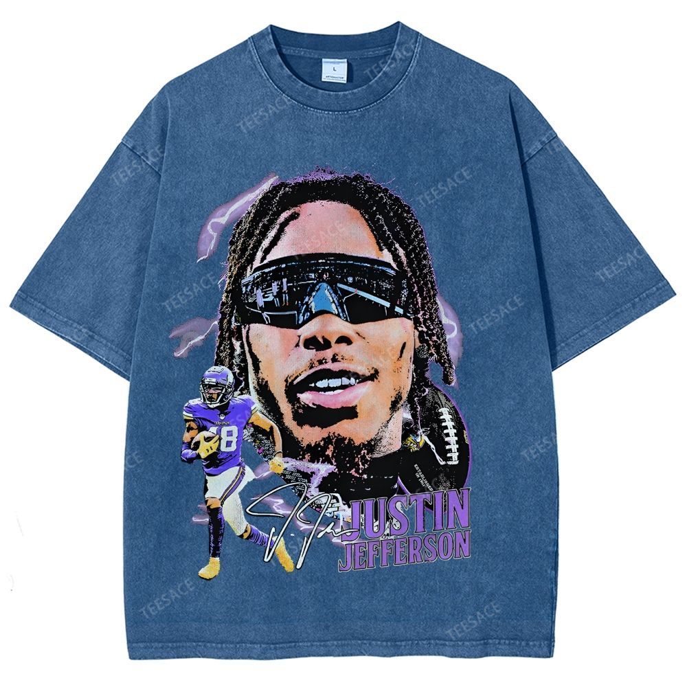 Vintage Style Unisex-Adult Oversized Washed Street T-shirt JUSTIN JEFFERSON TEE 