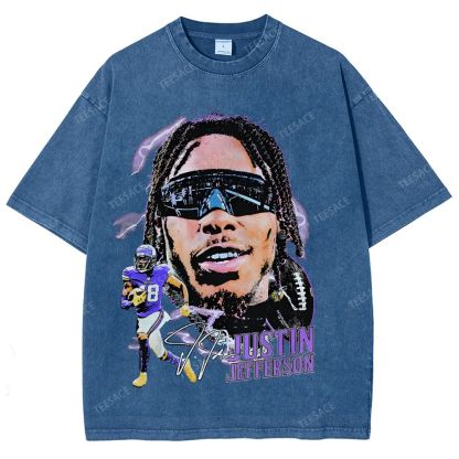 Vintage Style Unisex-Adult Oversized Washed Street T-shirt JUSTIN JEFFERSON TEE 