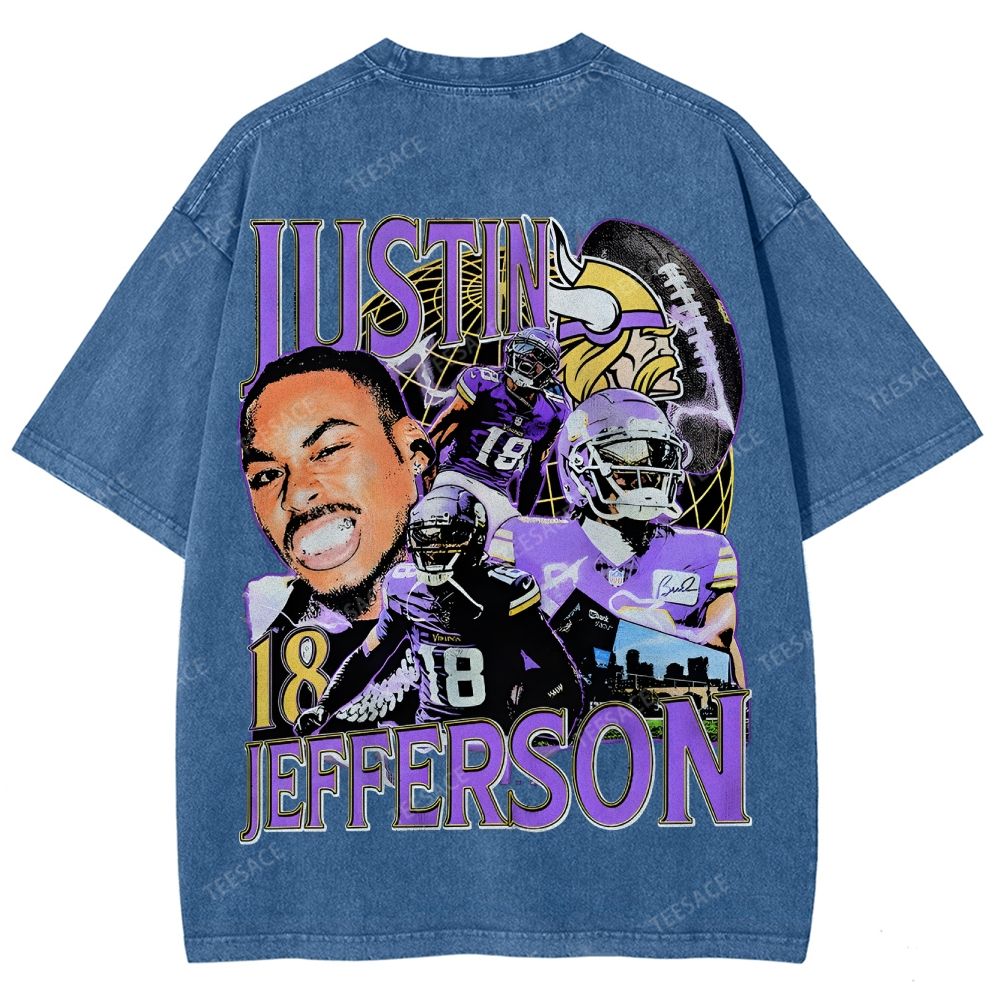 Vintage Style Unisex-Adult Oversized Washed Street T-shirt JUSTIN JEFFERSON TEE 