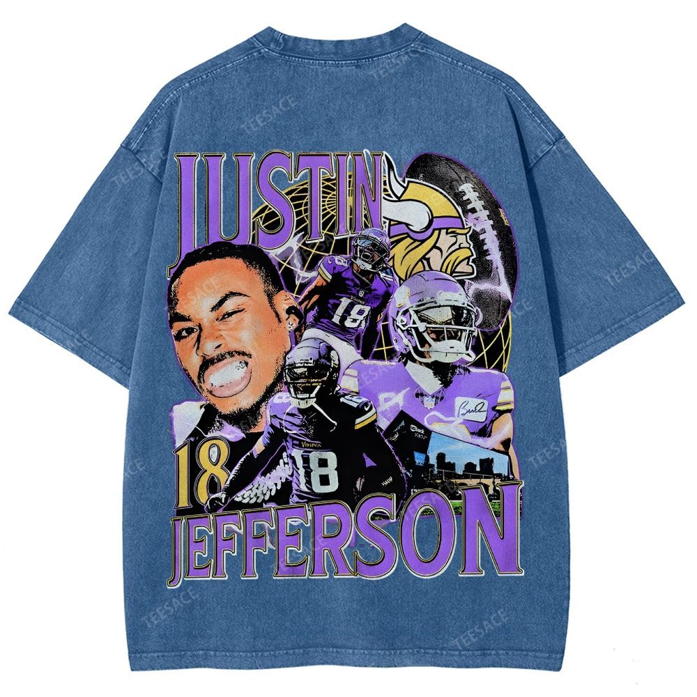 Vintage Style Unisex-Adult Oversized Washed Street T-shirt JUSTIN JEFFERSON TEE 