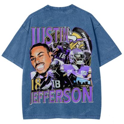 Vintage Style Unisex-Adult Oversized Washed Street T-shirt JUSTIN JEFFERSON TEE 