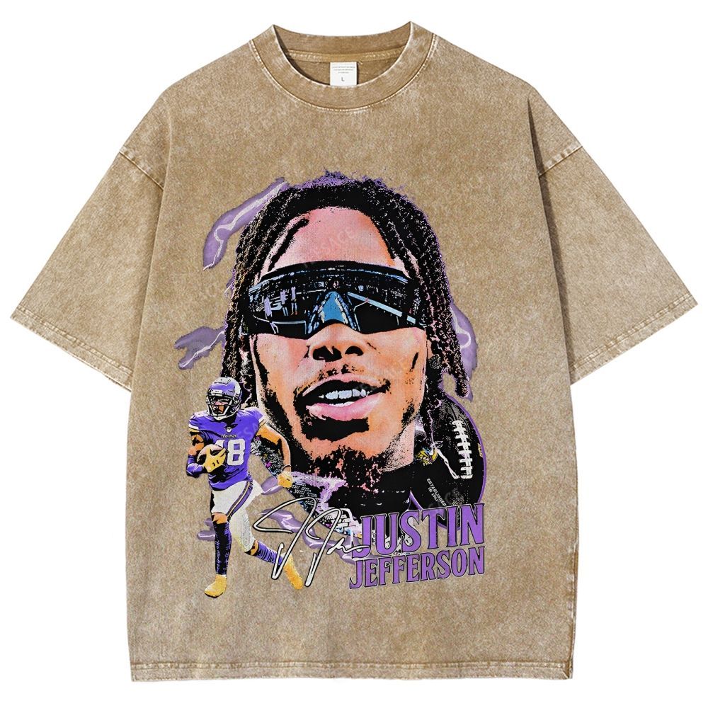 Vintage Style Unisex-Adult Oversized Washed Street T-shirt JUSTIN JEFFERSON TEE 