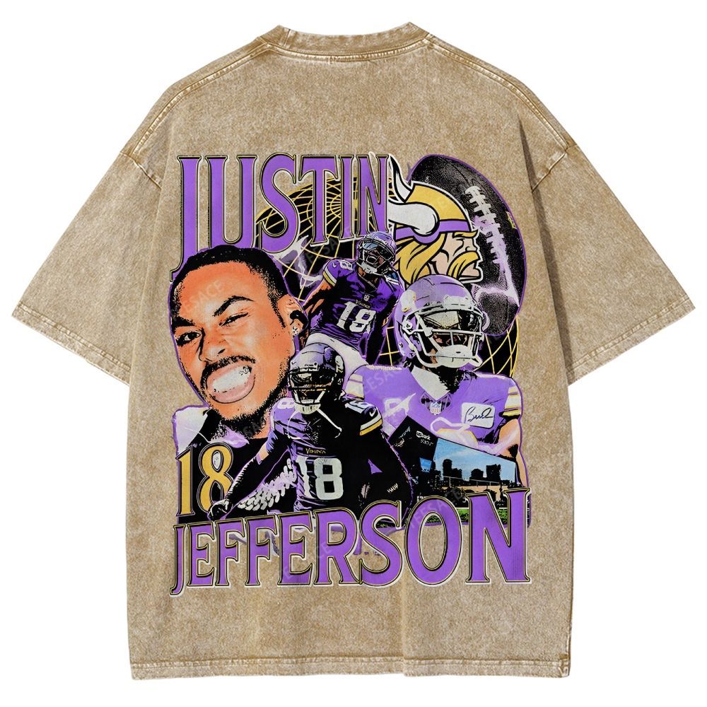 Vintage Style Unisex-Adult Oversized Washed Street T-shirt JUSTIN JEFFERSON TEE 
