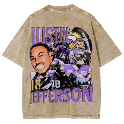 Vintage Style Unisex-Adult Oversized Washed Street T-shirt JUSTIN JEFFERSON TEE 