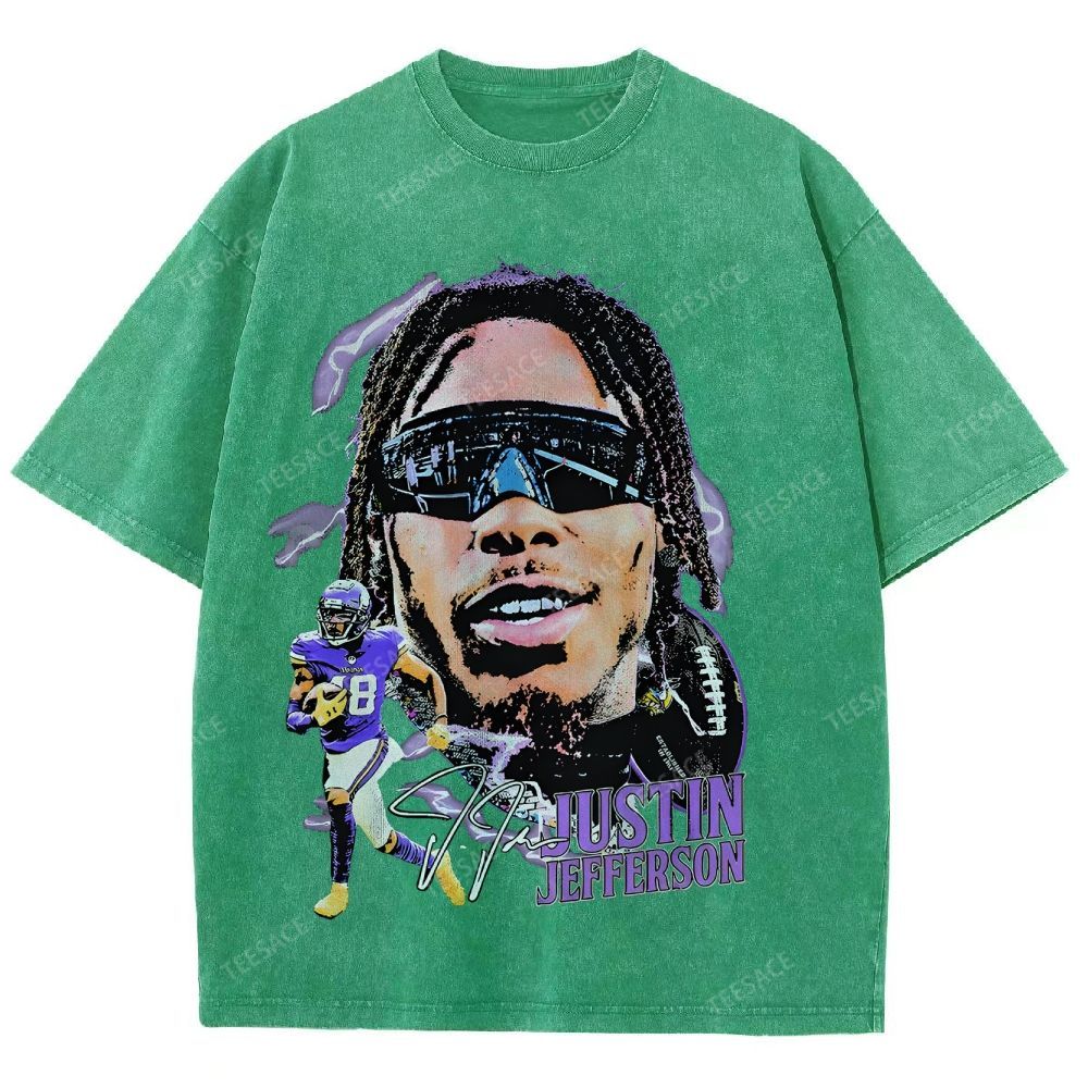 Vintage Style Unisex-Adult Oversized Washed Street T-shirt JUSTIN JEFFERSON TEE 