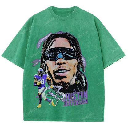 Vintage Style Unisex-Adult Oversized Washed Street T-shirt JUSTIN JEFFERSON TEE 