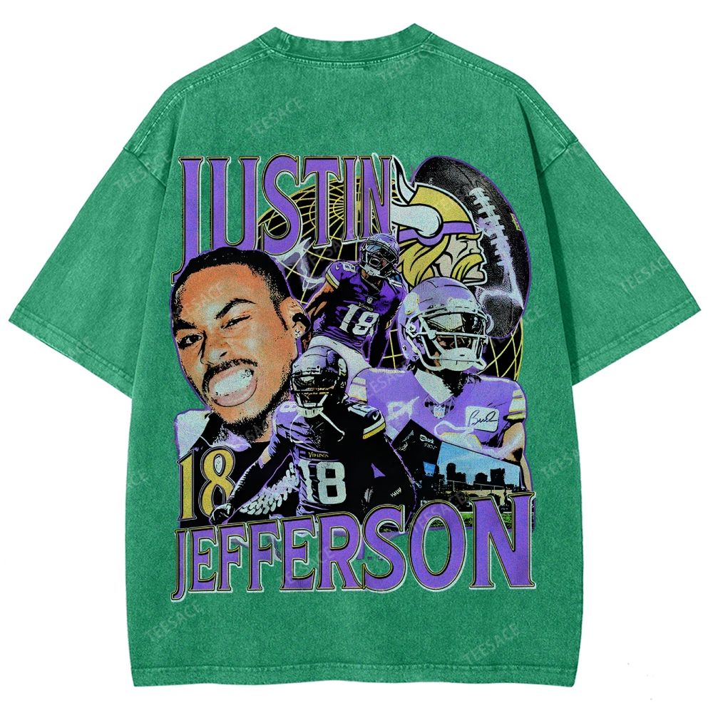 Vintage Style Unisex-Adult Oversized Washed Street T-shirt JUSTIN JEFFERSON TEE 