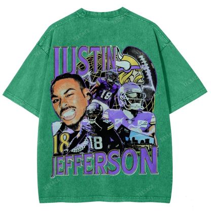 Vintage Style Unisex-Adult Oversized Washed Street T-shirt JUSTIN JEFFERSON TEE 