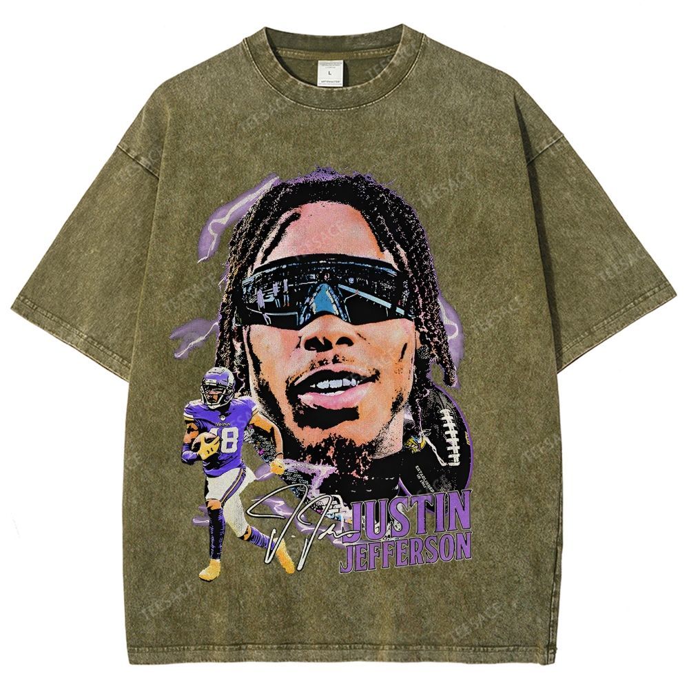 Vintage Style Unisex-Adult Oversized Washed Street T-shirt JUSTIN JEFFERSON TEE 