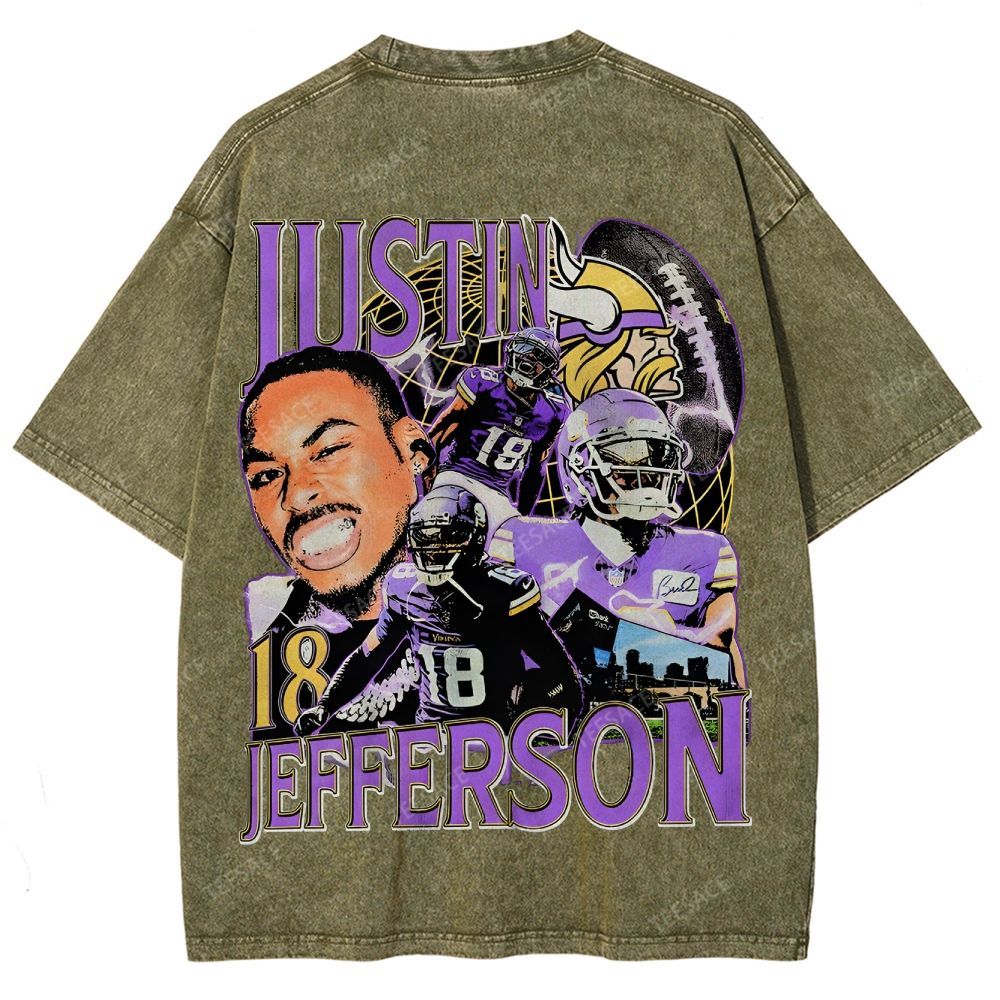 Vintage Style Unisex-Adult Oversized Washed Street T-shirt JUSTIN JEFFERSON TEE 