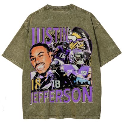 Vintage Style Unisex-Adult Oversized Washed Street T-shirt JUSTIN JEFFERSON TEE 