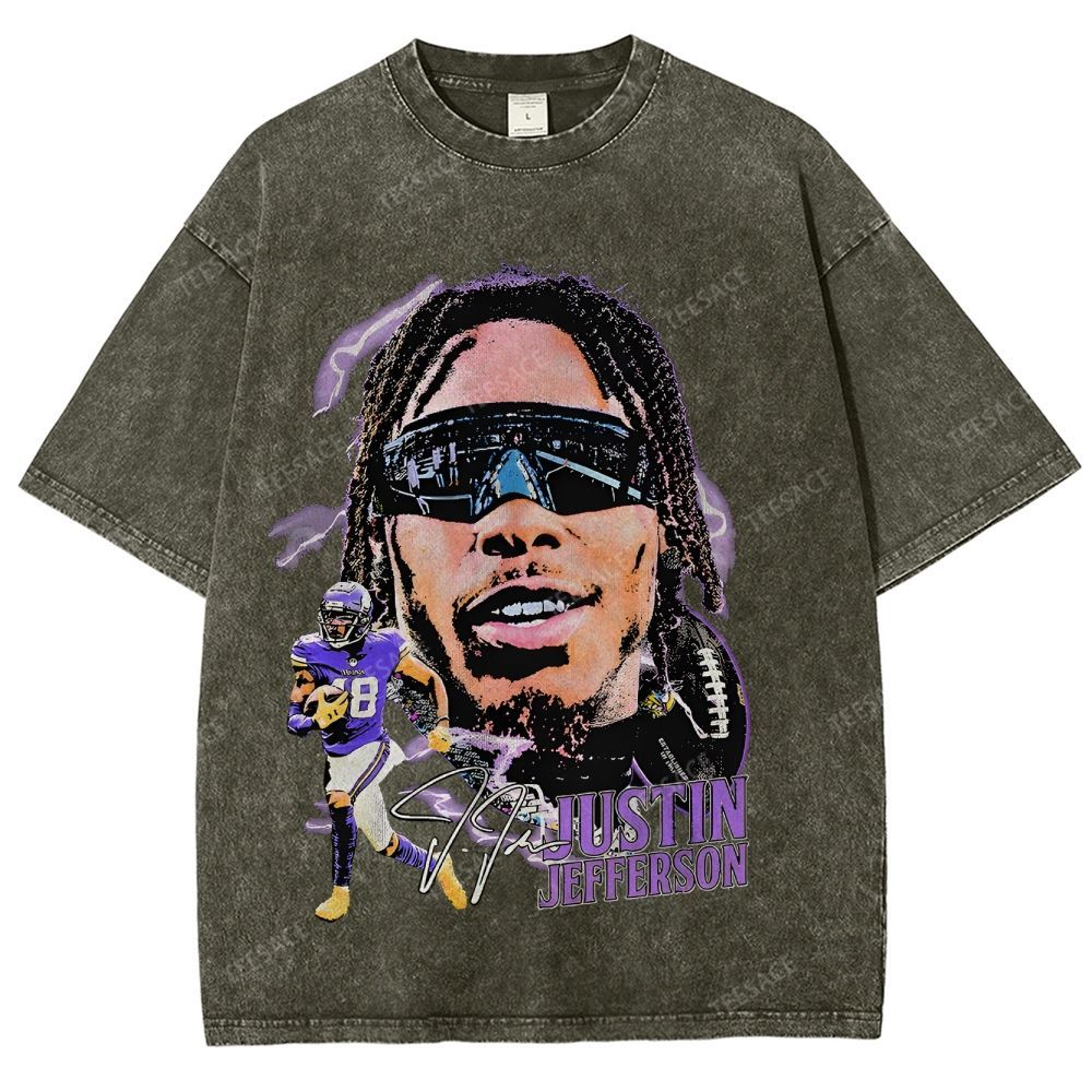 Vintage Style Unisex-Adult Oversized Washed Street T-shirt JUSTIN JEFFERSON TEE 