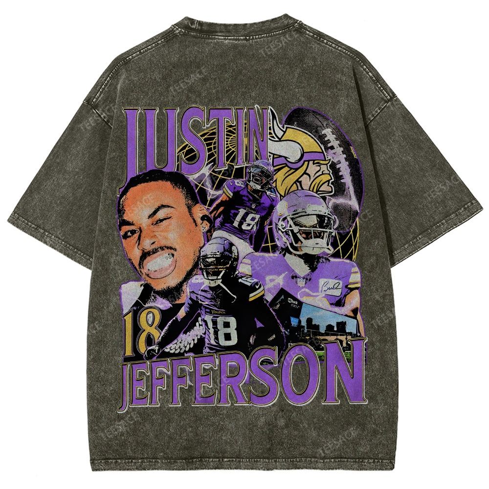 Vintage Style Unisex-Adult Oversized Washed Street T-shirt JUSTIN JEFFERSON TEE 