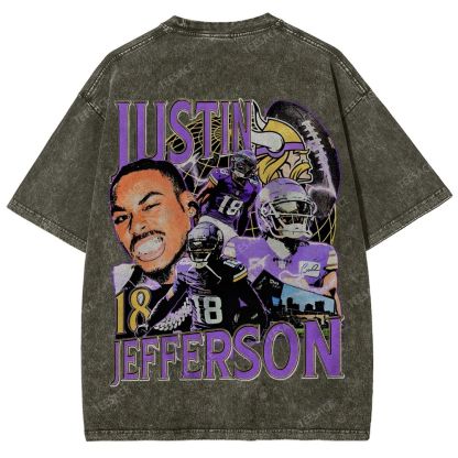 Vintage Style Unisex-Adult Oversized Washed Street T-shirt JUSTIN JEFFERSON TEE 