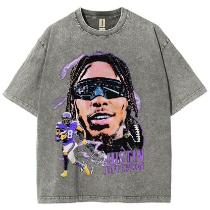 Vintage Style Unisex-Adult Oversized Washed Street T-shirt JUSTIN JEFFERSON TEE 