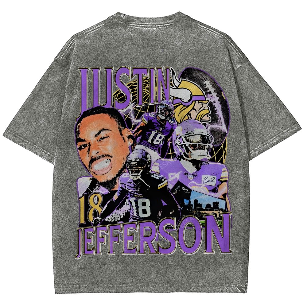 Vintage Style Unisex-Adult Oversized Washed Street T-shirt JUSTIN JEFFERSON TEE 