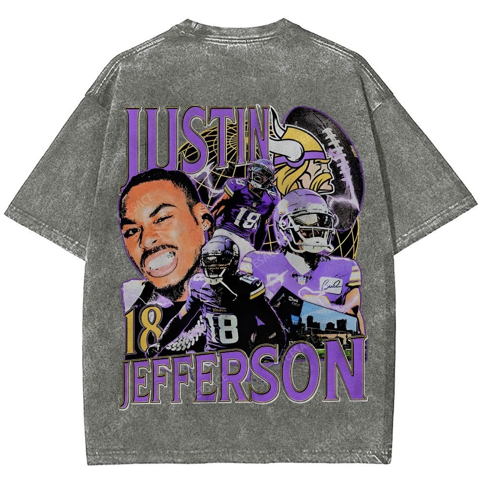 Vintage Style Unisex-Adult Oversized Washed Street T-shirt JUSTIN JEFFERSON TEE 